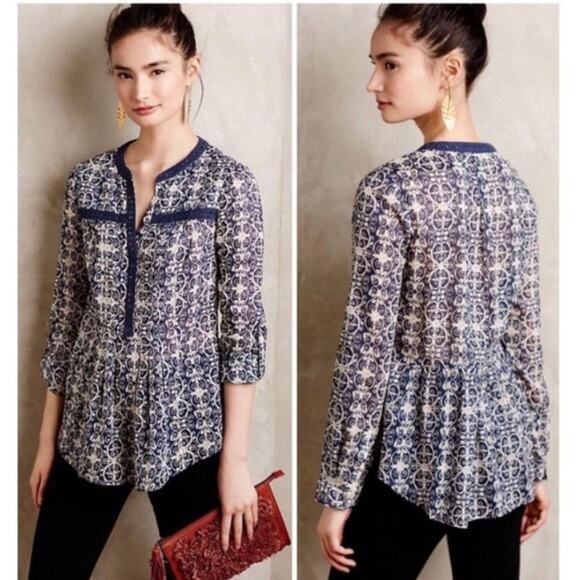 Maeve Anthropologie Women's size 2 Abella Blue White Boho Flowy Blouse Cotton - Picture 1 of 10